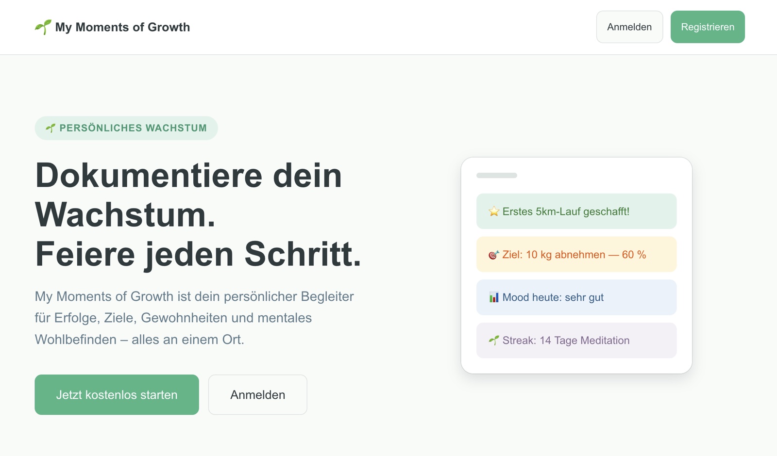 Startseite von My Moments of Growth mit Funktionen für Erfolge, Ziele, Gewohnheiten und Wohlbefinden